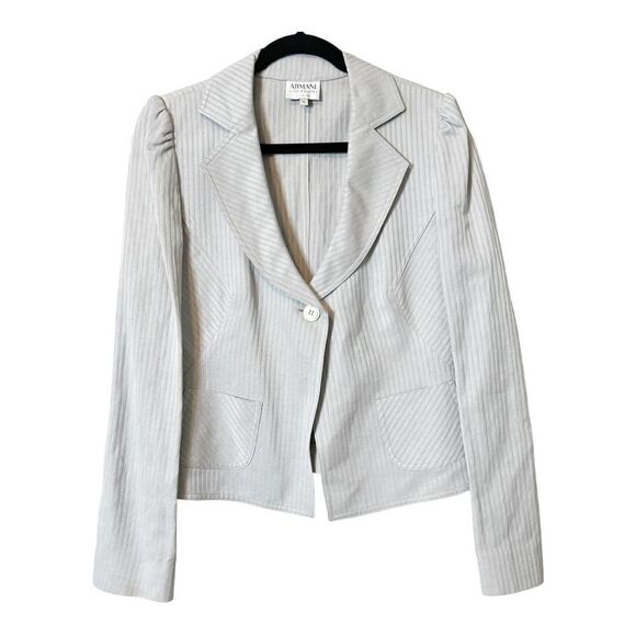 Armani Collezion Women’s Light Gray Striped One Button Blazer Jacket Size 8 - Picture 1 of 6